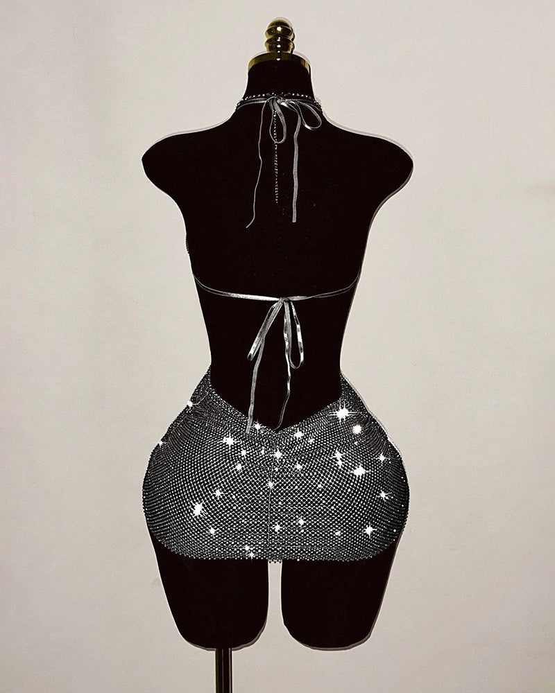 Black rhinestone fishnet halter backless mini dress, open back with tied straps
