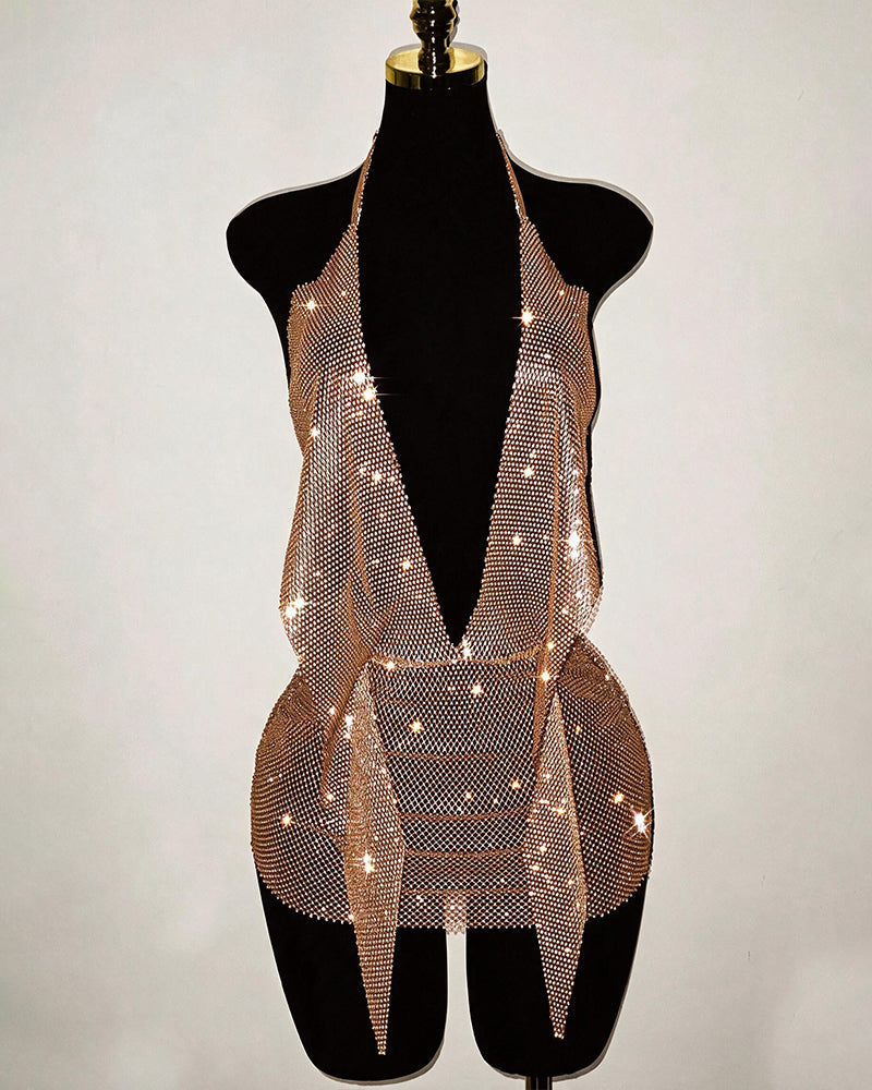 Gold rhinestone fishnet halter backless mini dress on mannequin front view