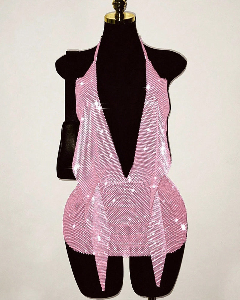 Pink rhinestone fishnet halter backless mini dress with sparkly deep V front