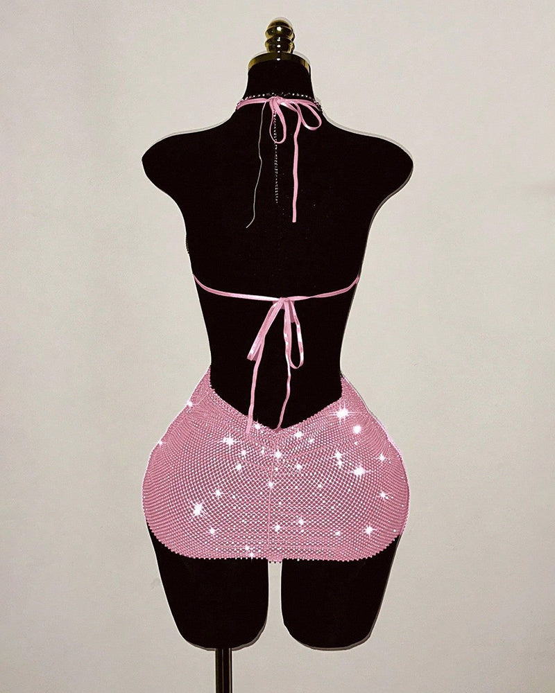 Pink rhinestone fishnet halter backless mini dress with tied open back