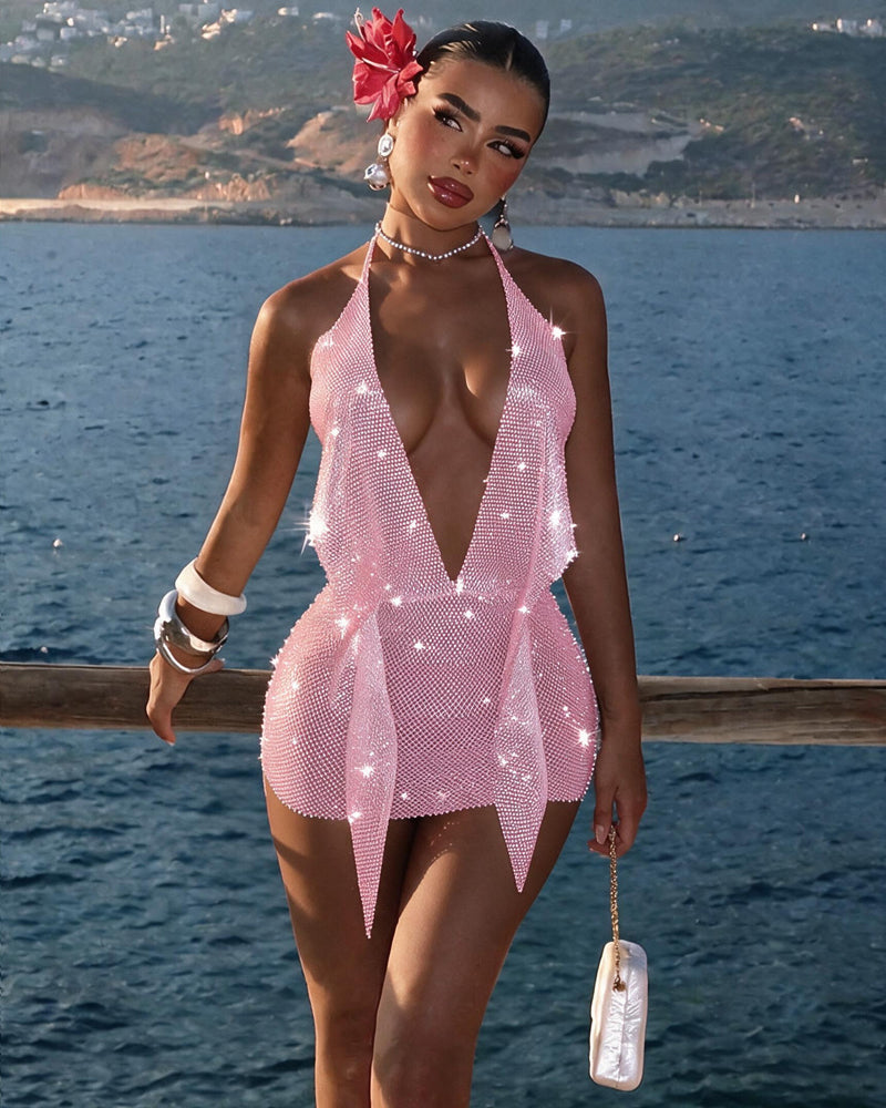 Rhinestone Fishnet Backless Halter Mini Dress