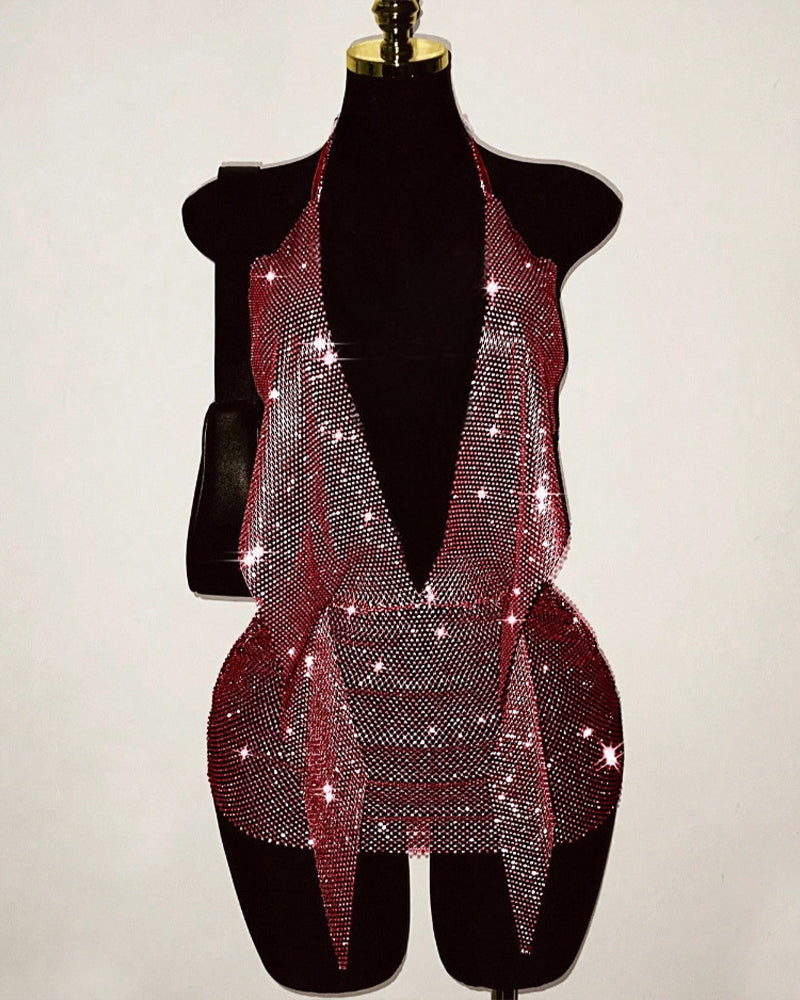 Red rhinestone fishnet halter backless mini dress with deep V front