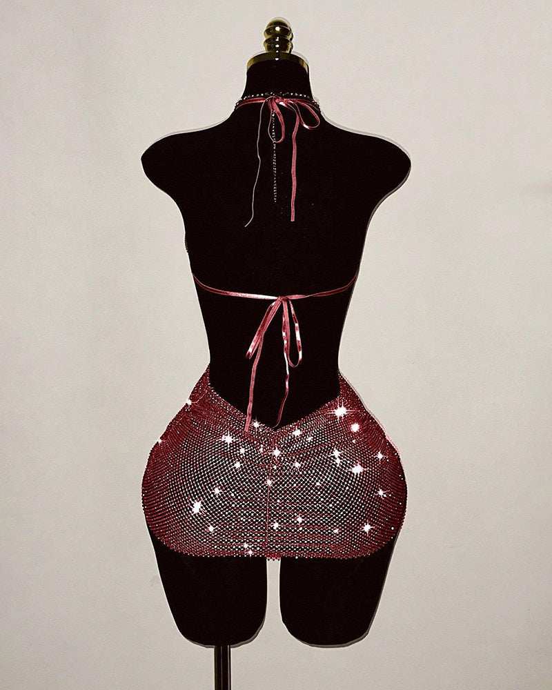 Red rhinestone fishnet halter backless mini dress, open back with tied straps