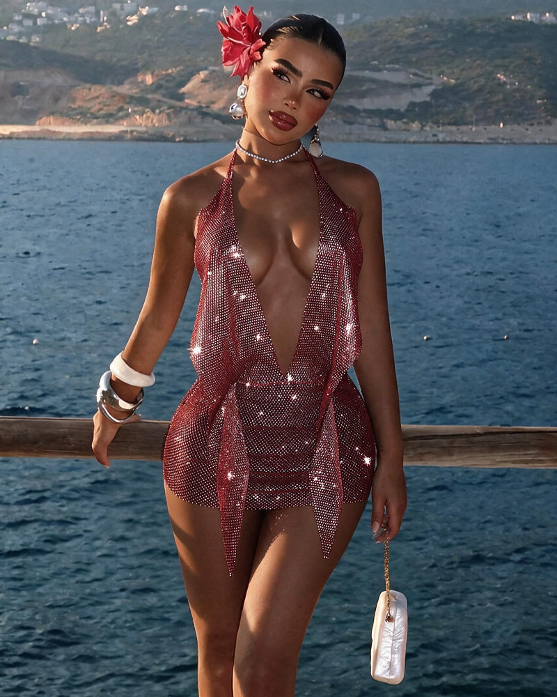 Red rhinestone fishnet halter mini dress with plunging open-back neckline