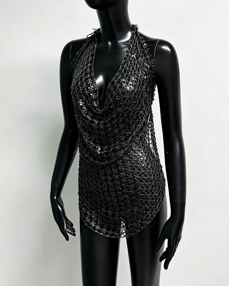 Black sequin halter fringe top with V-neck and draped chain-mesh design