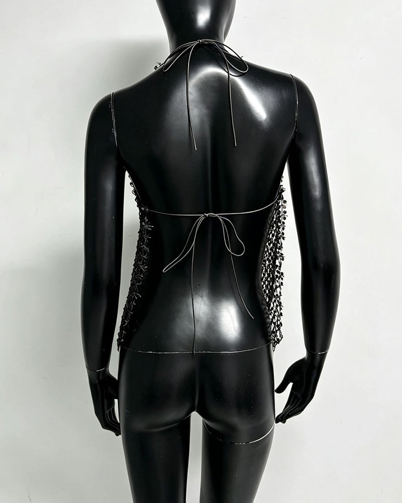 Black sequin halter fringe top, open back with tie straps
