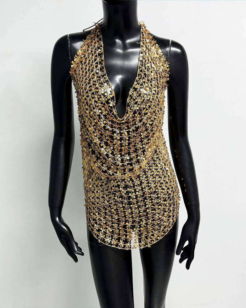 Gold sequin halter fringe top with V-neck and layered chain-mesh pattern
