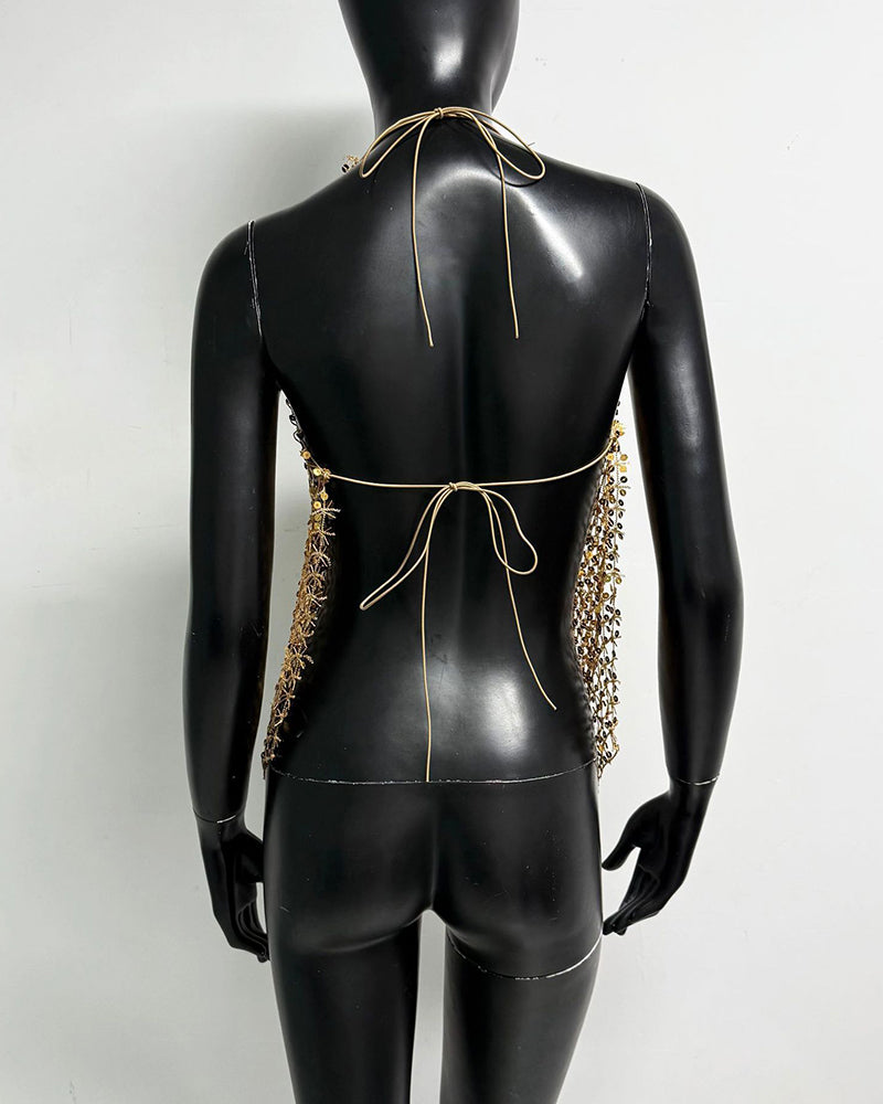Gold sequin halter fringe top, open back with tie closure