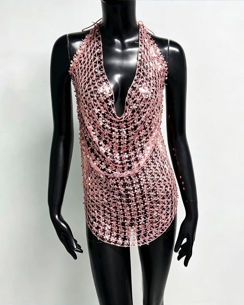 Pink sequin halter fringe top with V-neck and chain-mesh sparkle pattern