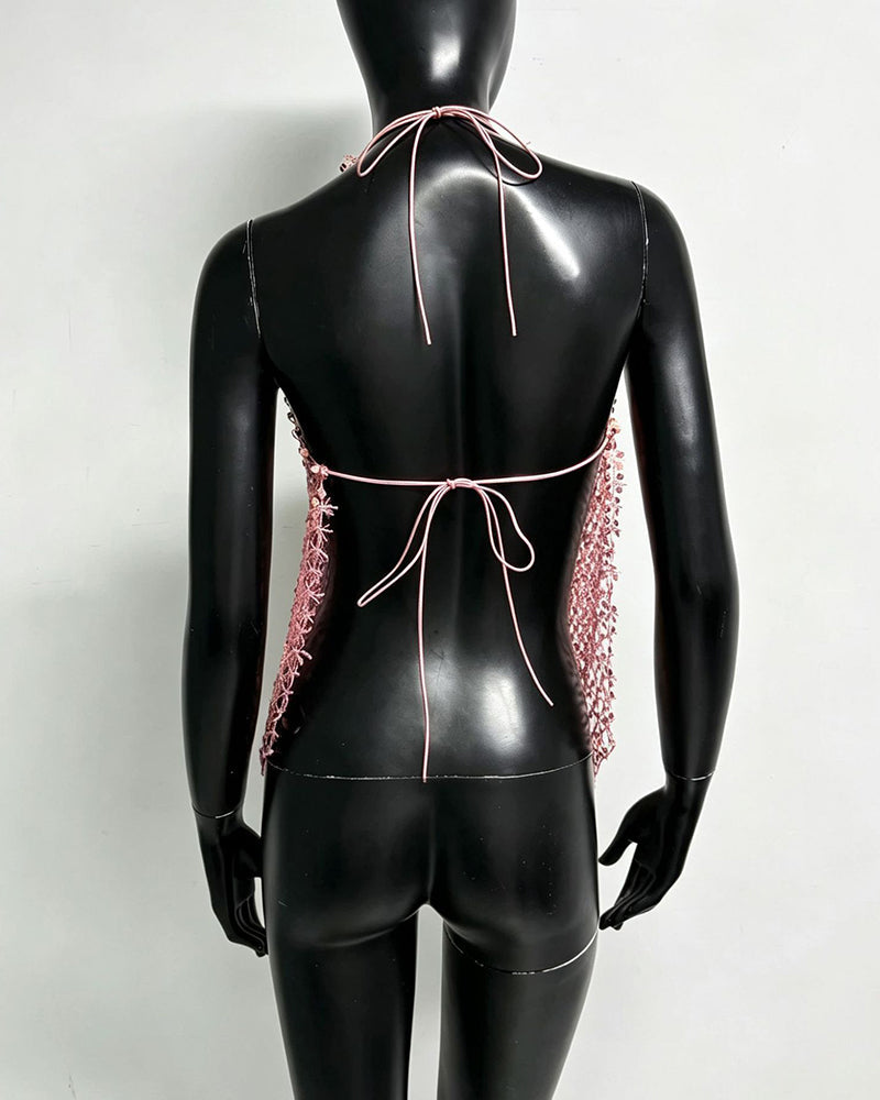 Pink sequin halter fringe top with open back and center tie bow
