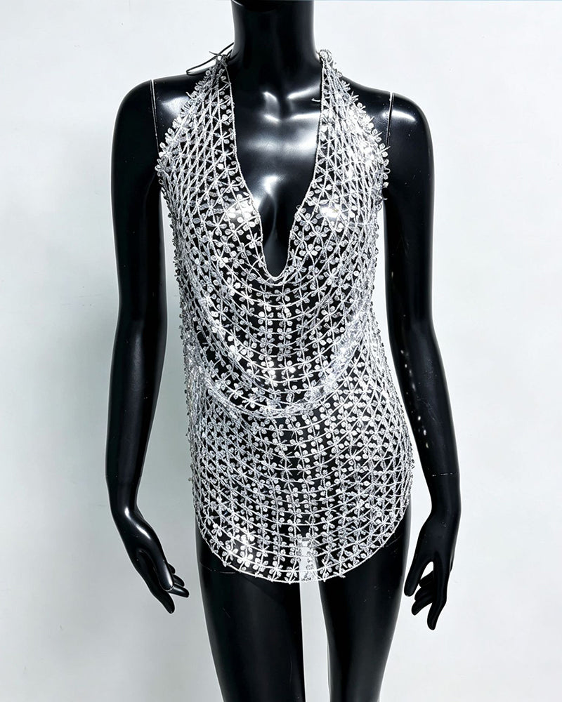 Silver sequin halter long top with layered chain fringe