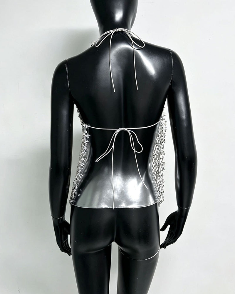 Silver sequin halter long top, open-back tie halter design