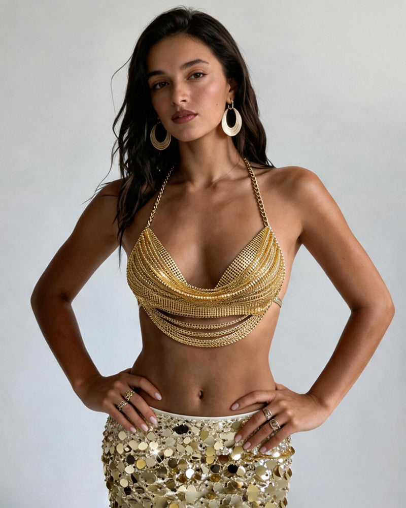 Metallic Chain Drape Halter Bra Top