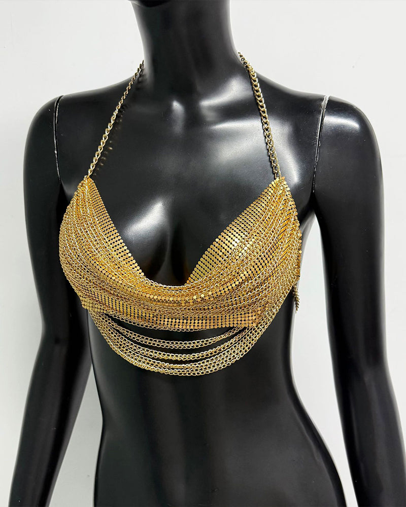 Gold metallic chain drape halter bra top on mannequin, layered drape design