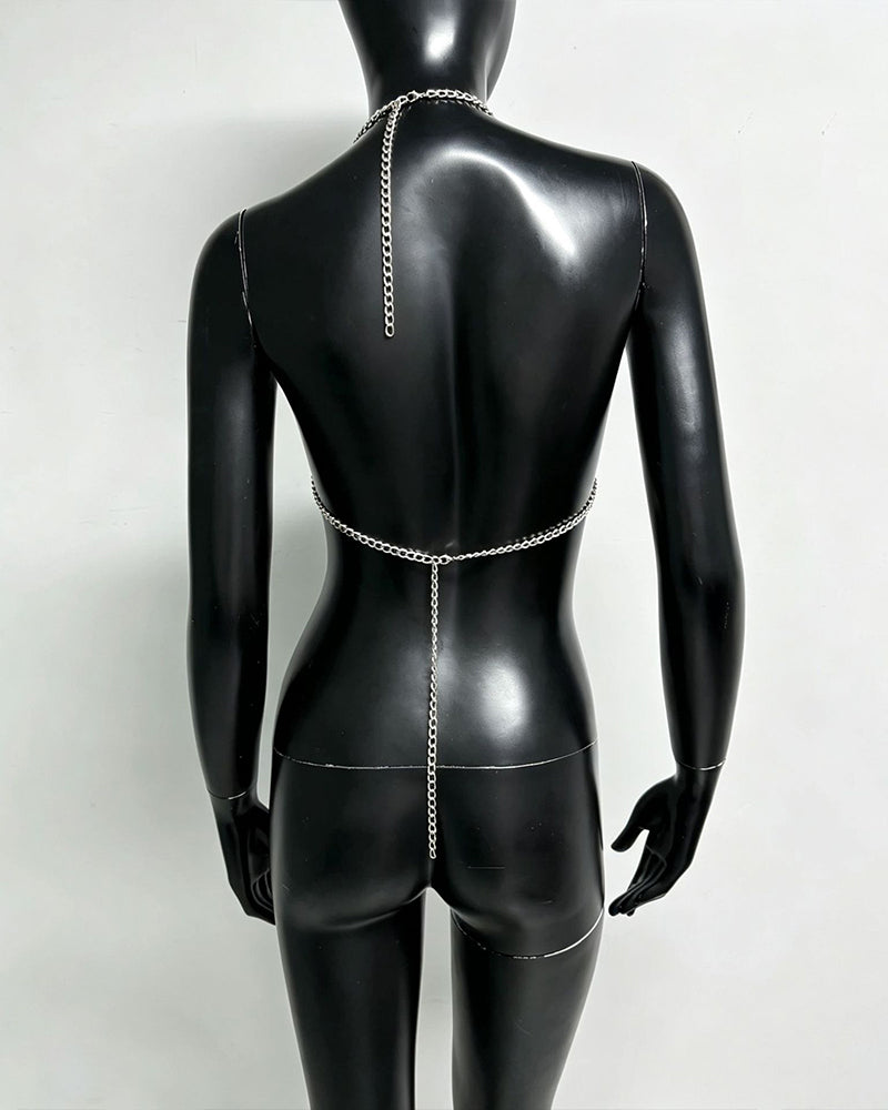 Silver metallic chain halter bra top back on mannequin with center chain detail