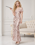 Sequin Mesh-Back High-Slit Maxi Dress