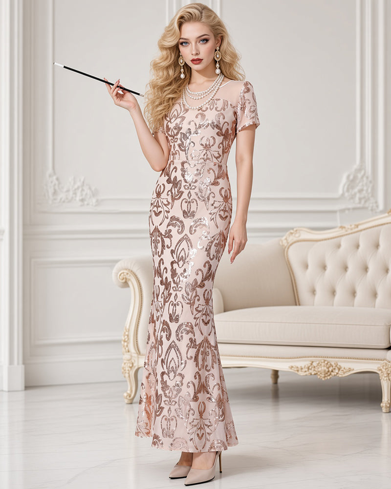 Sequin Mesh-Back High-Slit Maxi Dress