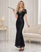 Sequin Mesh-Back High-Slit Maxi Dress