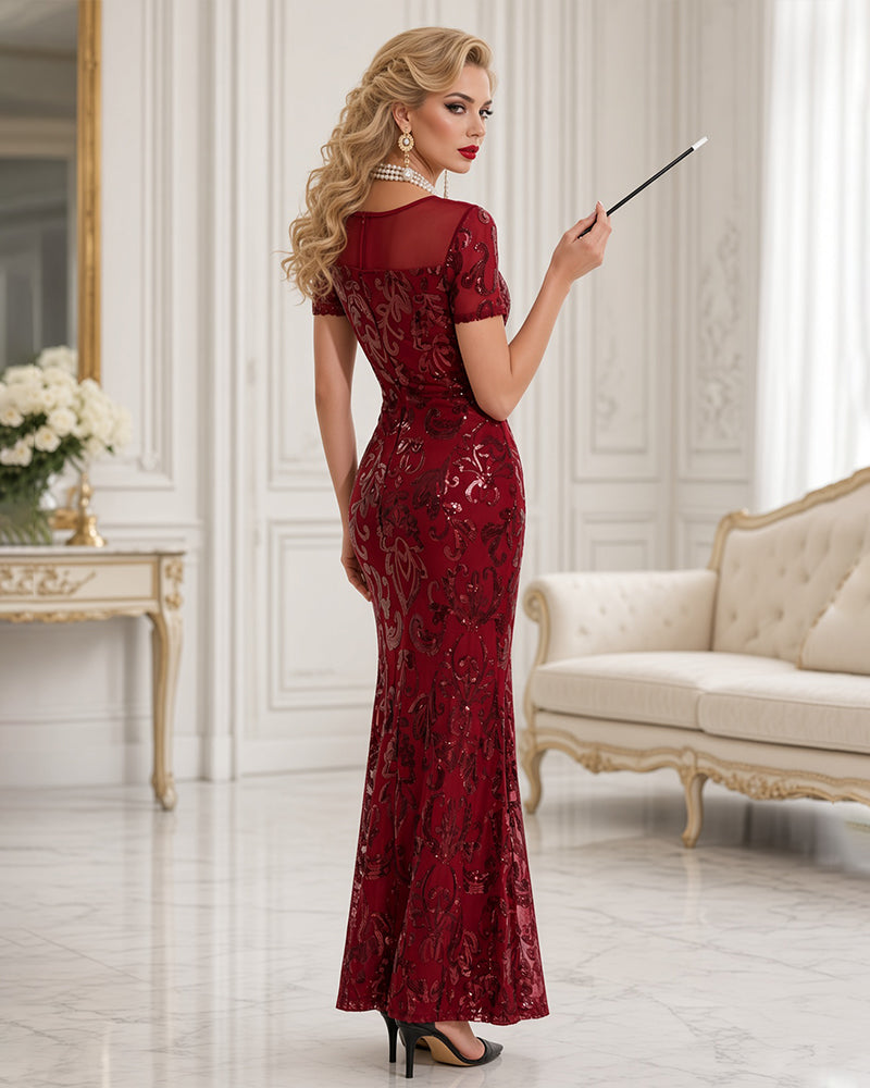 Sequin Mesh-Back High-Slit Maxi Dress