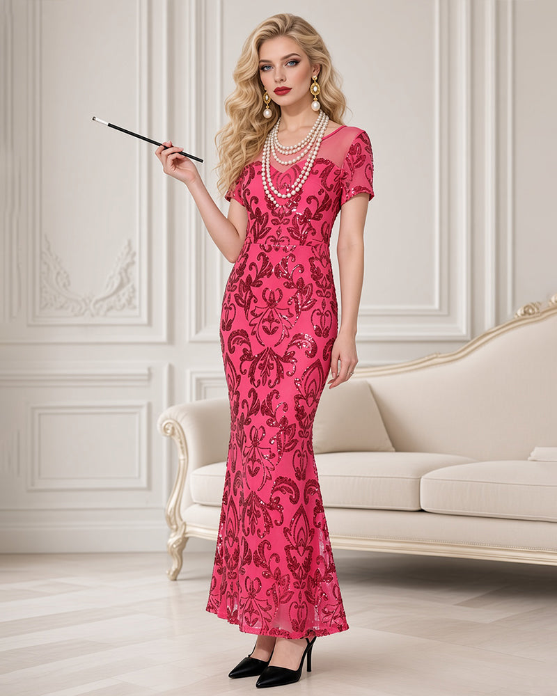 Sequin Mesh-Back High-Slit Maxi Dress