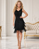 Rhinestone Mesh V-Neck Fringe Skirt Set