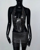 Rhinestone Mesh Cut-Out Crop Top Shorts Set