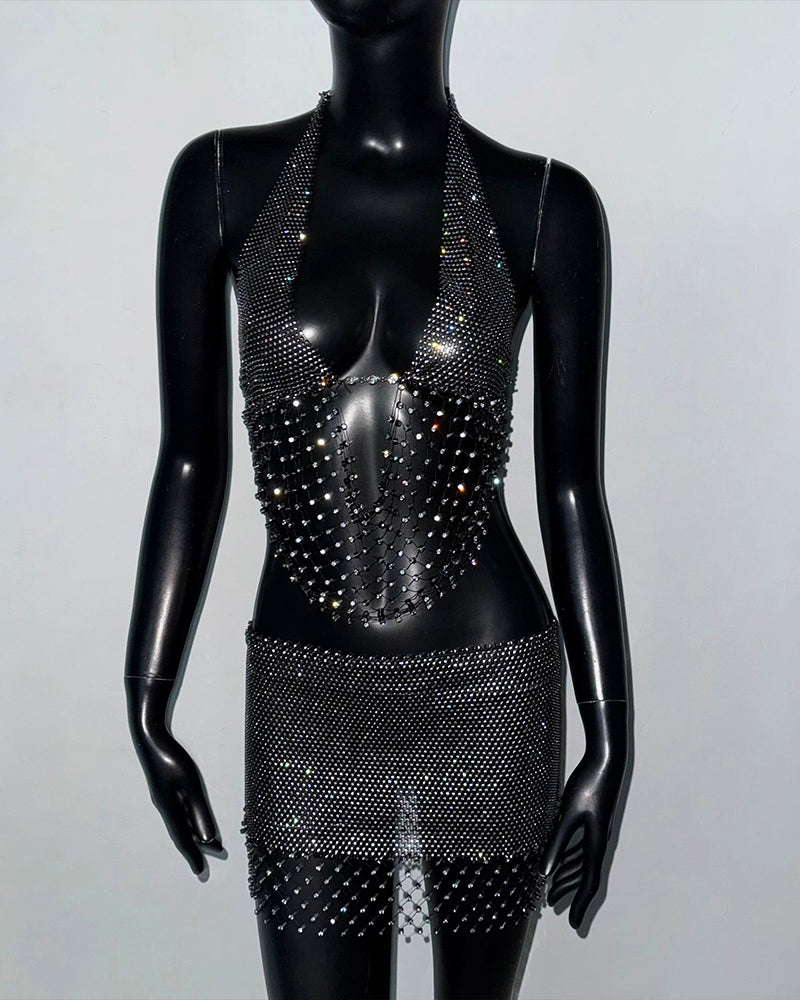 Rhinestone Mesh Cut-Out Crop Top Shorts Set