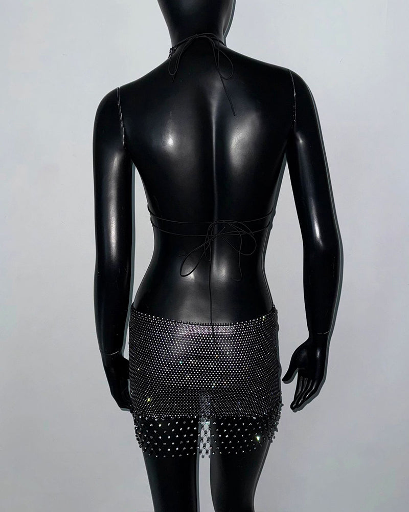 Rhinestone Mesh Cut-Out Crop Top Shorts Set
