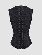Black corset bustier with front lace-up closure and textured allover fabric paneling