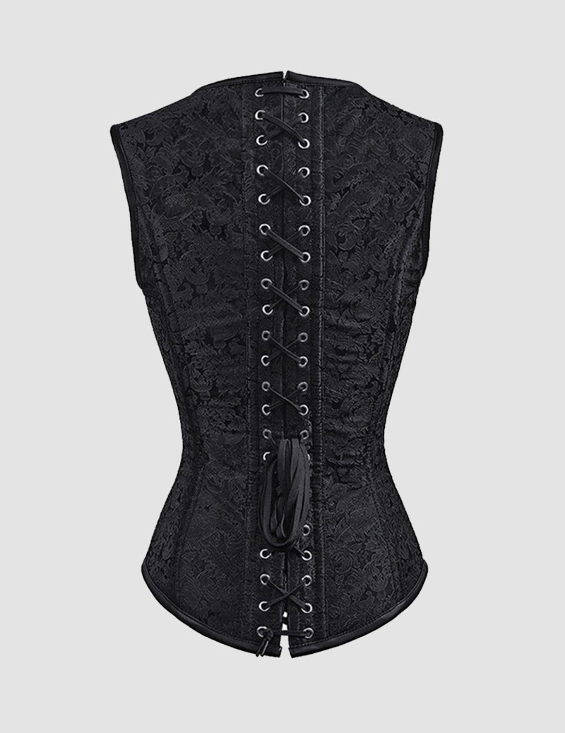 Black corset bustier with front lace-up closure and textured allover fabric paneling