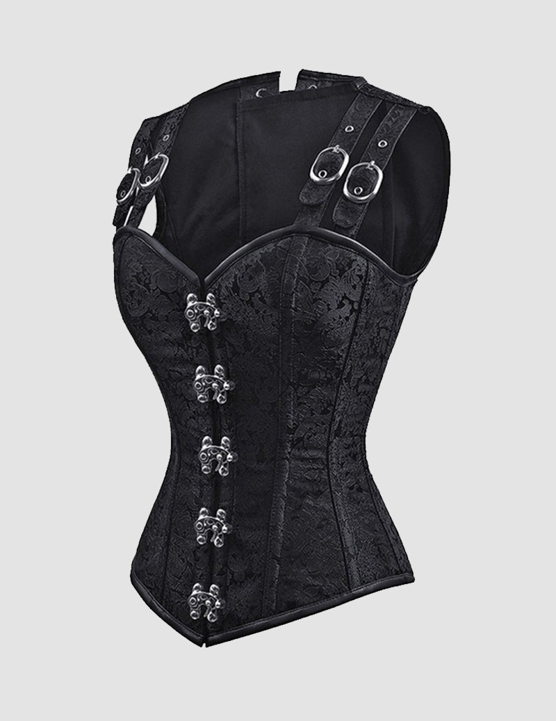 Black lace-up corset bustier with decorative buckle straps and metal hardware details