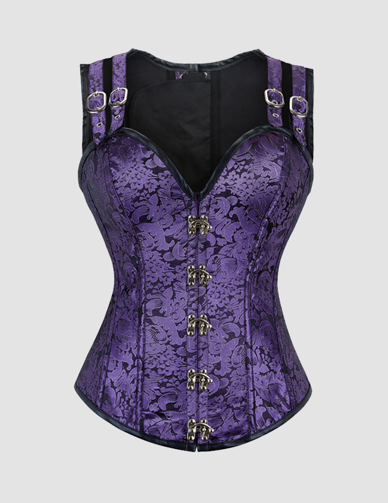 Purple steel-boned corset bustier with lace-up front, floral texture, and silver hardware