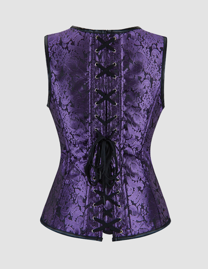 Purple corset bustier with back lace-up closure, floral texture, and ribbon tie cord