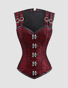 Red steel-boned corset bustier with lace-up front, textured pattern, and silver clasp details