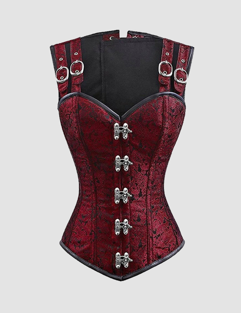 Red steel-boned corset bustier with lace-up front, textured pattern, and silver clasp details