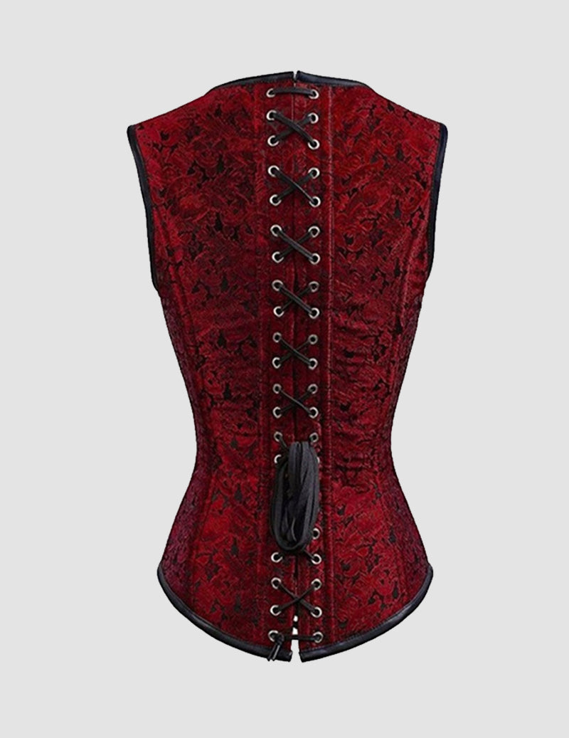 Red corset bustier with back lace-up closure and textured fabric with metal eyelets