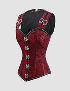 Red lace-up corset bustier with decorative buckle straps and silver hardware accents