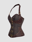 Brown halter-neck corset bustier with curved neckline, brass hardware, and side view