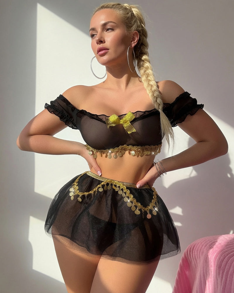 Avidlove Arabian Genie Cosplay Mesh Lingerie Set with Gold Coin Chain Belt