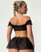 Black off-shoulder mesh lingerie set with back view ruffle trim and short tulle skirt
