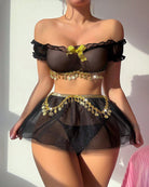 Black mesh lingerie set with gold coin trim belt, off-shoulder bra and bow-front skirt