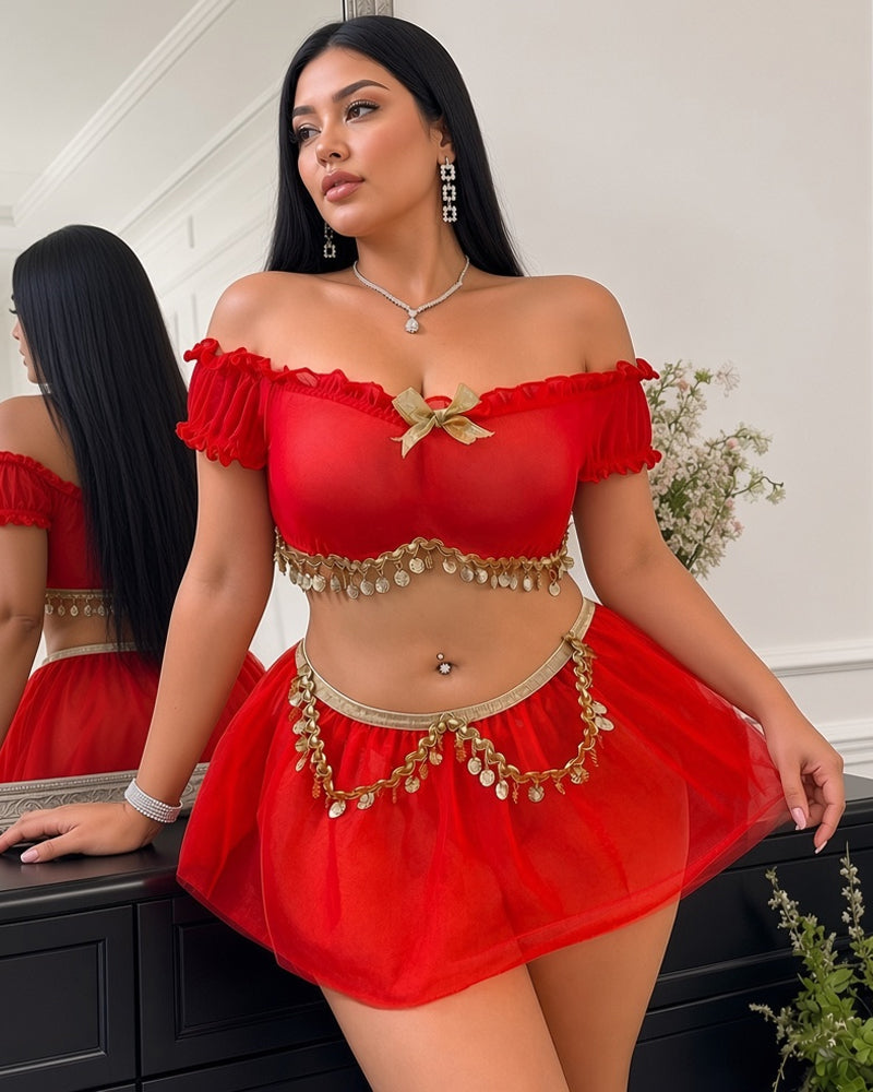 Plus Size Arabian Genie Cosplay 3 Piece Set Off Shoulder Sheer Mesh Crop Top and Tulle Mini Skirt with Gold Coin Chain Belt