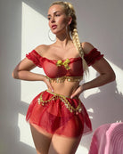 Red off-shoulder mesh lingerie set with ruffle trim and gold coin chain belt