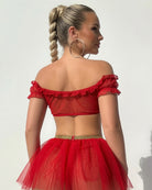 Red off-shoulder mesh lingerie top with ruffle trim and matching tulle skirt, back view