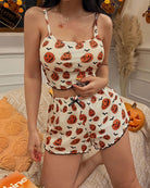 Halloween Pumpkin Ghost Print Crop Cami Top and Shorts Pajama Set - Apricot 2