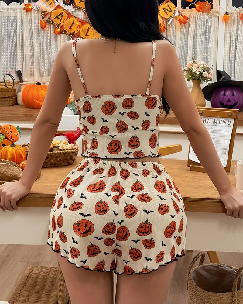 Halloween Pumpkin Ghost Print Crop Cami Top and Shorts Pajama Set - Apricot 5