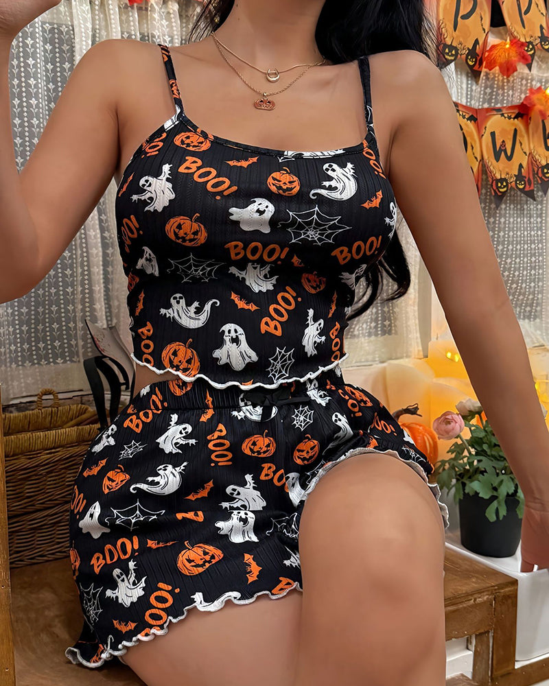 Halloween Pumpkin Ghost Print Crop Cami Top and Shorts Pajama Set - Black 3