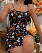 Halloween Pumpkin Ghost Print Crop Cami Top and Shorts Pajama Set - Black 3