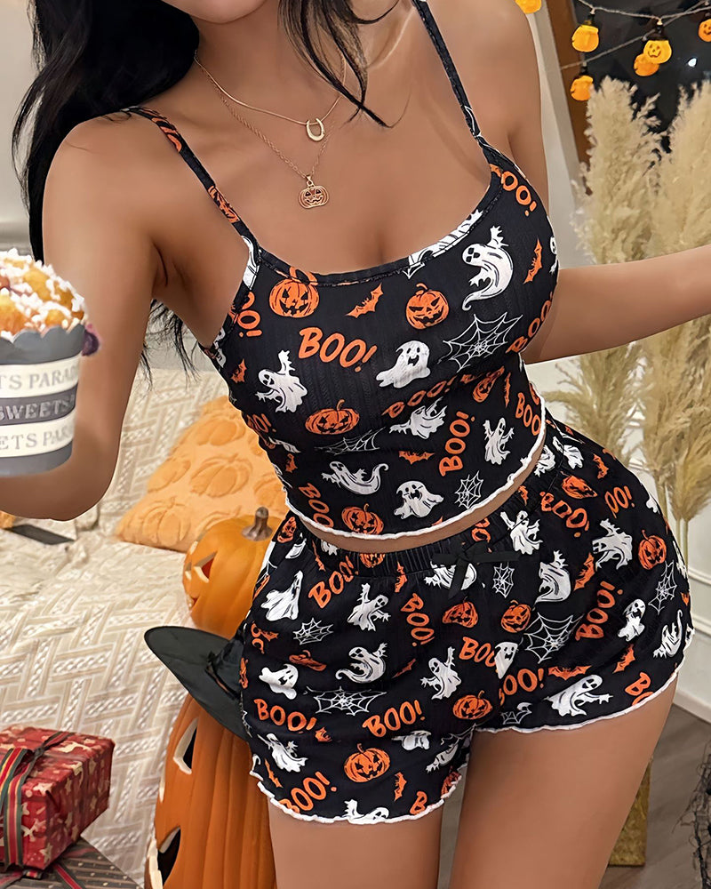 Halloween Pumpkin Ghost Print Crop Cami Top and Shorts Pajama Set - Black 4