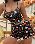 Halloween Pumpkin Ghost Print Crop Cami Top and Shorts Pajama Set - Black 5